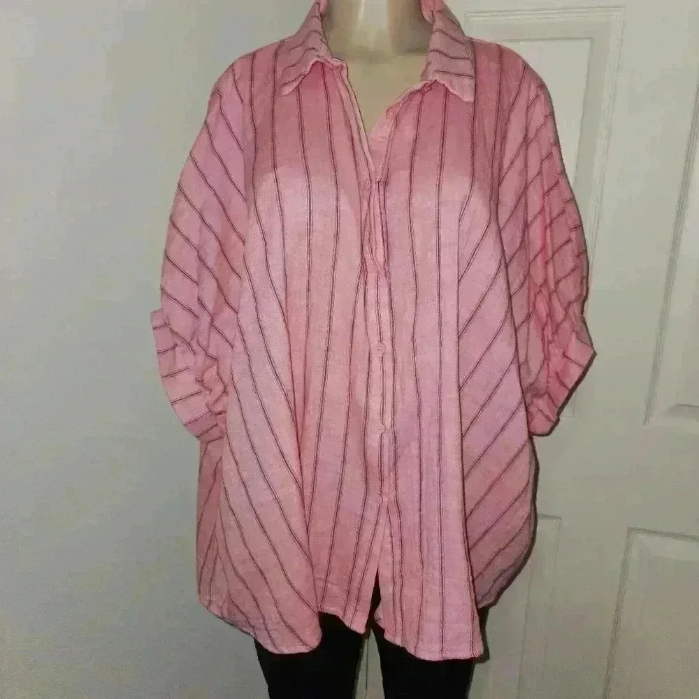 Anniewear Oversized Beach‎ Striped Pink Shirt Size Medium - Picture 2 of 4